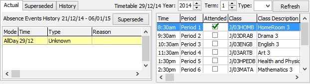 Create Absence Event window - Absences History and Timetable grids