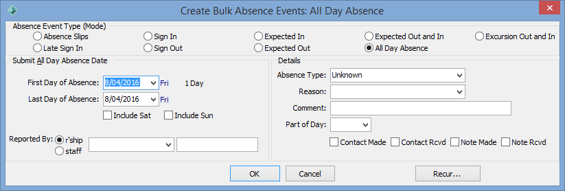 create bulk absence events - all day absence