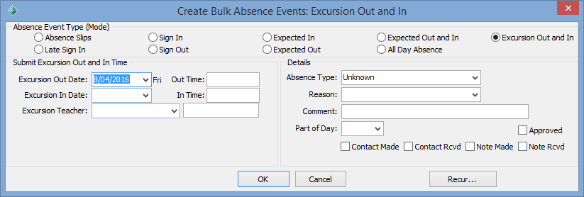 Create Bulk Absence Events window - Excursion Out and In