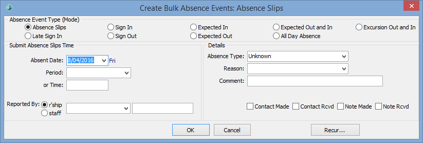 Create Bulk Absence Events window