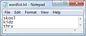 Create Dictionary window - example word list