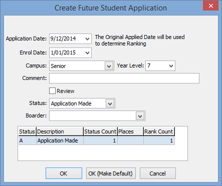 Create Future Student Application (Status field)