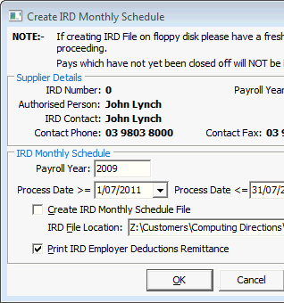 Create IRD Monthly Schedule window (cut down)
