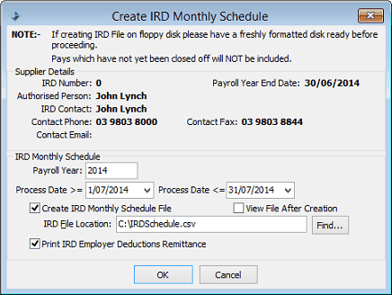 Create IRD Monthly Schedule window