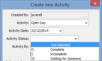 Create New Activity window (cut down)