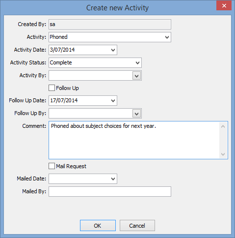 Create New Activity window (current students)