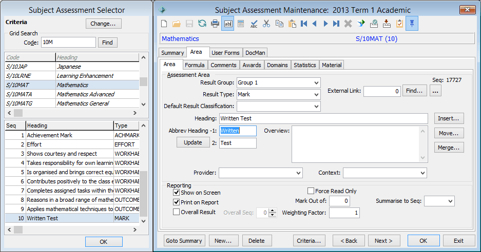 Subject Assessment Maintenance - Area tab - Area sub-tab