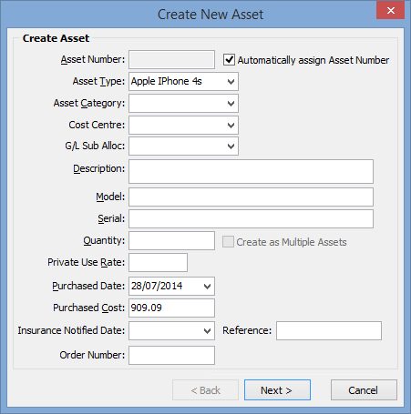 Create New Asset - Create Asset window