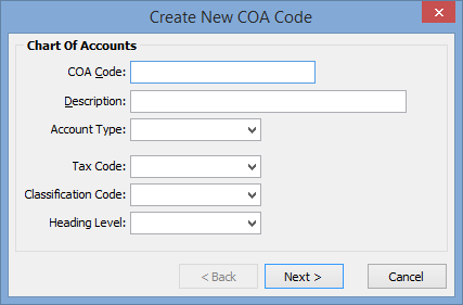 Create New COA Code - Chart of Accounts window