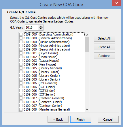Create New COA Code - Create GL Codes window