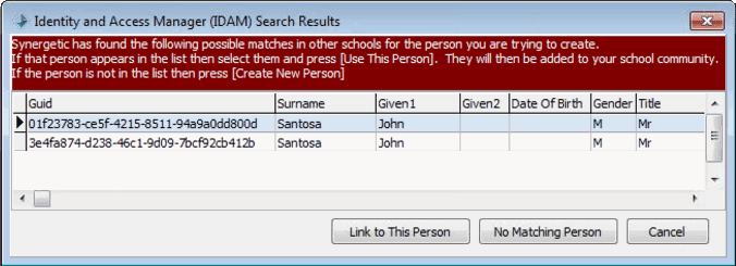 Create New Community Member (Identity and Access Manager (IDAM) Search Results window)