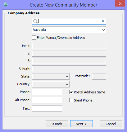 Create New Community Member - Company Address window