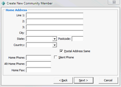 Create New Community Member - Home Address window (NZ example)