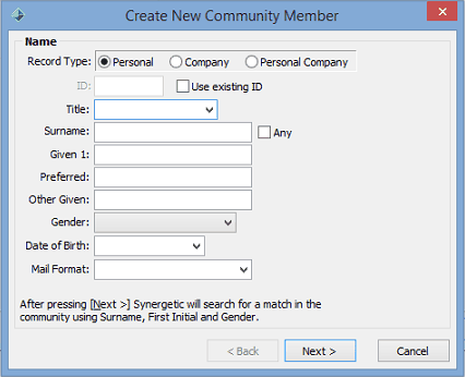 Create New Community Member - Name window