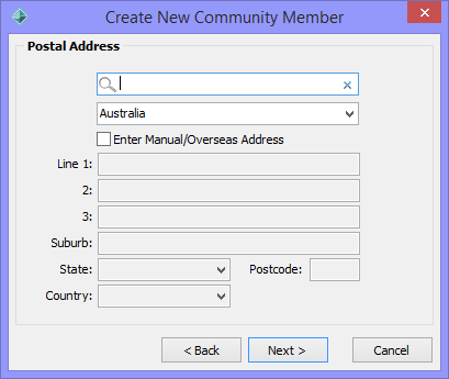 Create New Community Member - Postal Address window