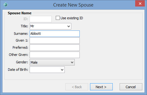 Create New Community Member - Spouse Name window (after Create Spouse... button)