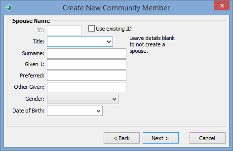 Create New Community Member - Spouse Name window