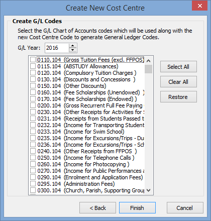 Create New Cost Centre - Create G/L Codes window