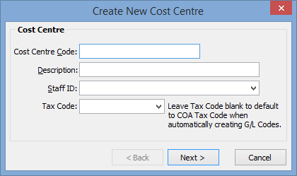 Create New Cost Centre - Cost Centre window