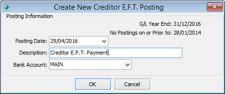 Create New Creditor EFT Posting window