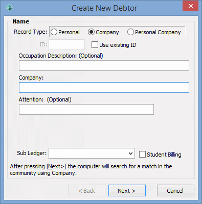 Create New Debtor - Name window (company)