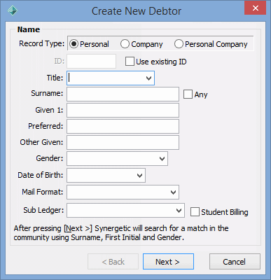 Create New Debtor - Name window (personal)