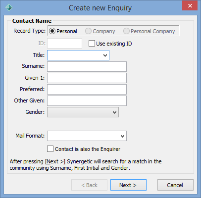 Create new Enquiry - Contact Name window