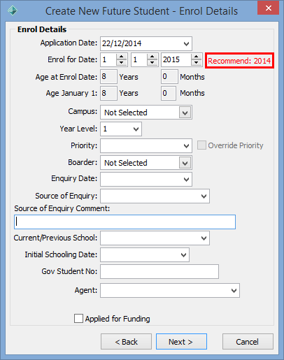 Create new Enquiry - Enrol Details window (cut down)