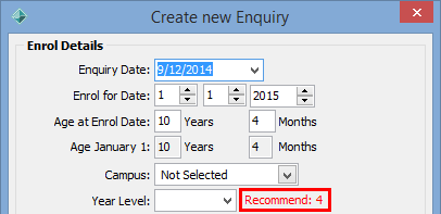 Create New Enquiry - Enrol Details window (cut down)