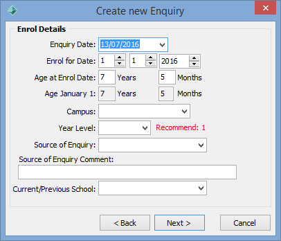 Create New Enquiry - Enrol Details window