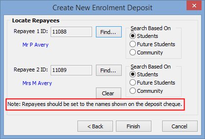 Create New Enrolment Deposit - Locate Repayees window