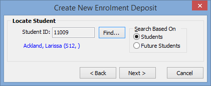 Create New Enrolment Deposit window - Locate Contact