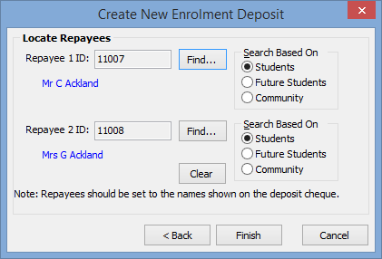 Create New Enrolment Deposit window - Locate Repayees