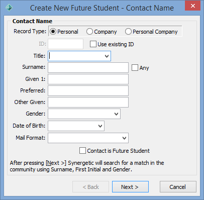 Create New Future Student - Contact Name window (blank)