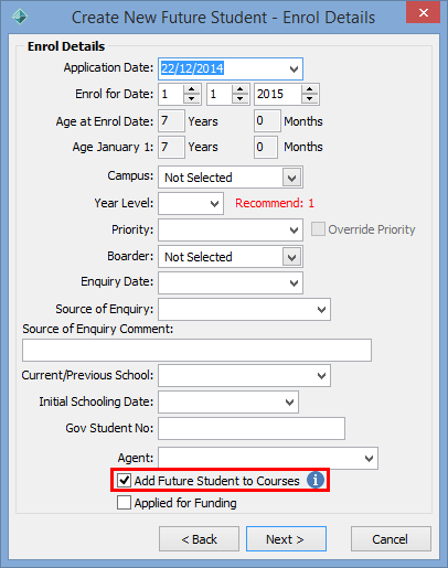 Create New Future Student - Enrol Details (Add Future Student to Courses field)