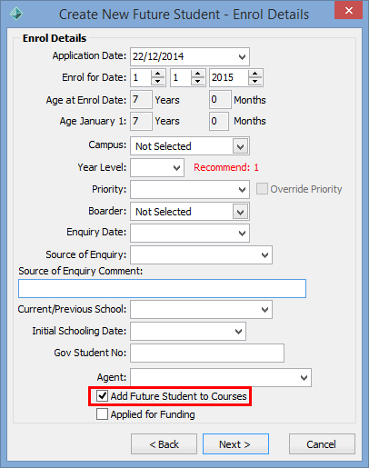 Create New Future Student - Enrol Details (Add Future Student to Courses field, cleared)