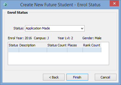 Create New Future Student - Enrol Status window