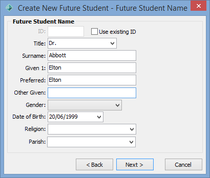 Create New Future Student - Future Student Name window