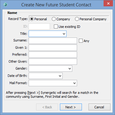 Create New Future Student Contact - Name window