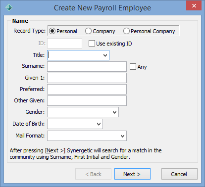 Create New Payroll Employee - Name window