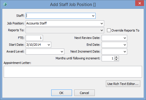 Create New Staff Job Position window
