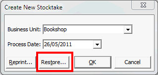 Create New Stocktake (Restore button highlighted)