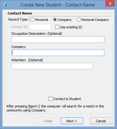 Create New Student - Contact Name window (Company selected)