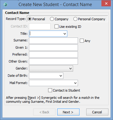 Create New Student - Contact Name window (Personal selected)