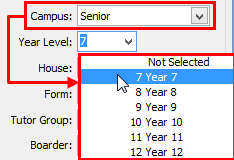 Create New Student - School window (Filter Year Level based on Campus)