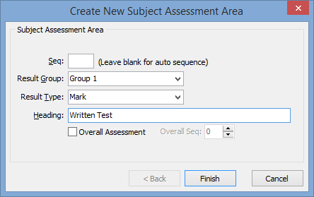 Create New Subject Assessment Area window