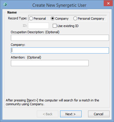 Create New Synergetic User window (Company)