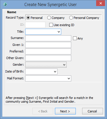 Create New Synergetic User window (Personal)