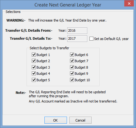 Create Next Year General Ledger window