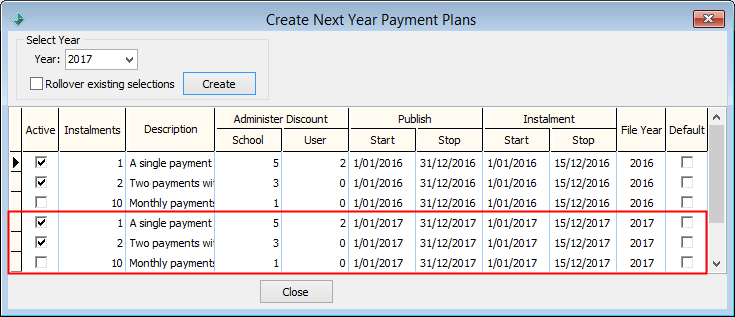 Create Next Year Payment Plans window (new plans highlighted)